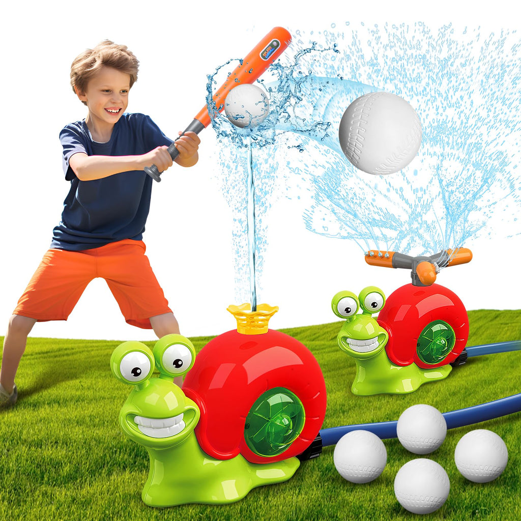 VATOS Water Sprinkler Baseball Toy for Kids Outdoor Play 2 in 1 Snail Summer Water Game with 2 Sprinkler Heads 360° Roating Spray Water Baseball for Boys Girls Summer Backyard Lawn Pool Party Fun