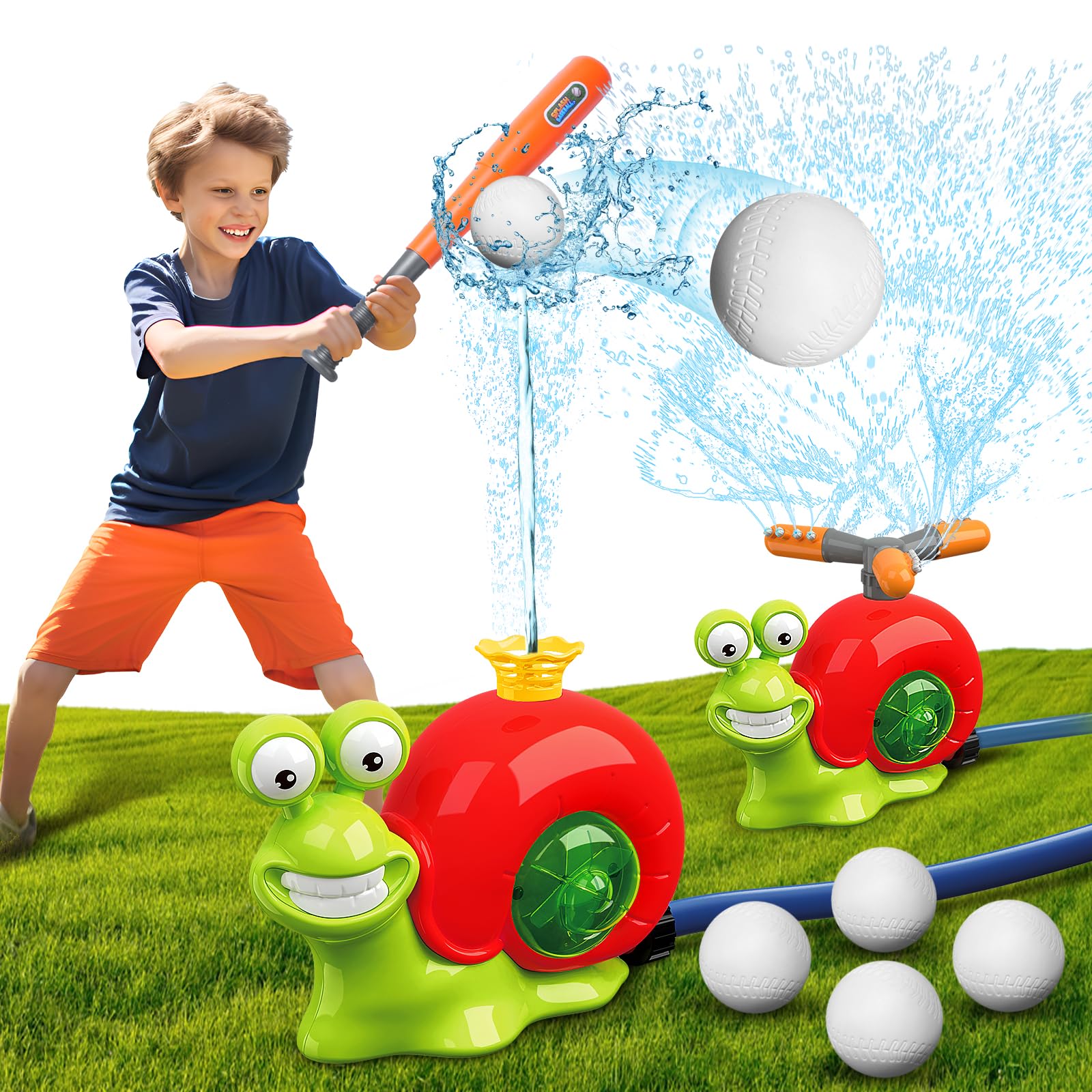VATOS Water Sprinkler Baseball Toy for Kids Outdoor Play 2 in 1 Snail Summer Water Game with 2 Sprinkler Heads 360° Roating Spray Water Baseball for Boys Girls Summer Backyard Lawn Pool Party Fun