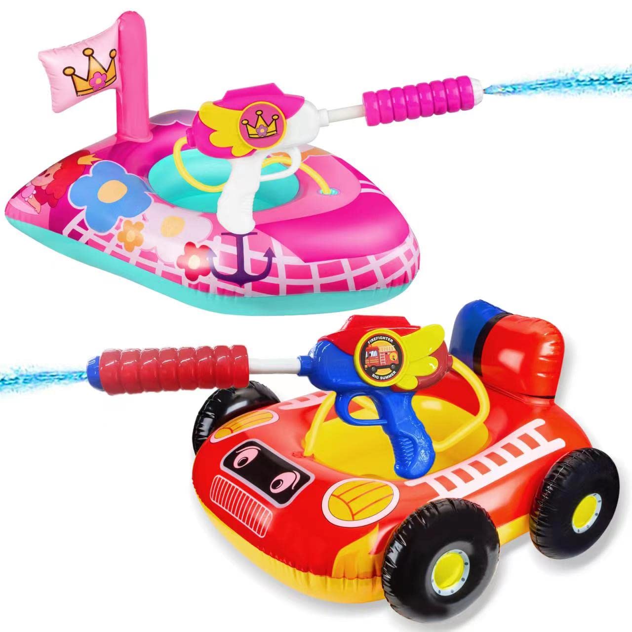 2 Pack Kids Pool Floats with Squirt Gun Inflatable Pool Toys for Kids Pink Flower Princess Pool Toys for Girls Blow up Fire Truck Pool Floats for Toddlers，Baby Water Float Summer Pool Game Toys